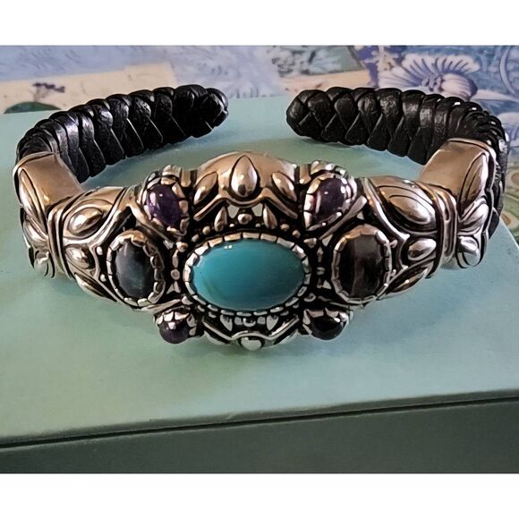 CAROLYN POLLACK RELIOS 925SS Turquoise~Amethyst~Abalone Leather Cuff Bracelet - Picture 1 of 6